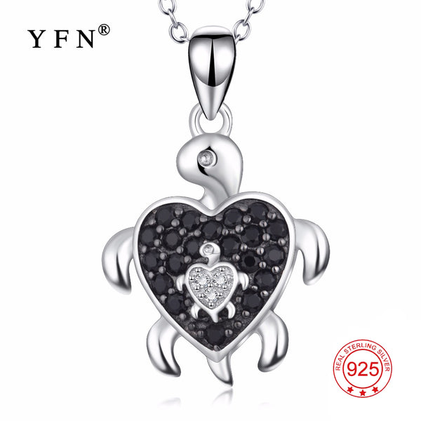 YFN Real 925 Sterling Silver Jewelry Mother & Son Pregnant Turtle Pendants Necklaces Black White Crystal Tortoise Necklace