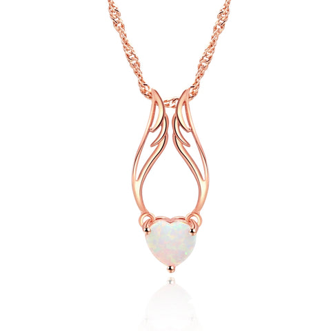 ZHE FAN Women Angel Wings Pendant Necklace White Heart Fire Opal Rhodium Rose Gold Color Plated Jewelry Gifts 3 Ways Wearing