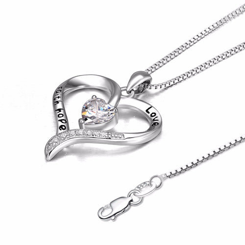 100% 925 Sterling Silver Love Heart "Love Faith Hope" Pendants Necklaces Fashion Jewelry For Women Valentine's Day Gift
