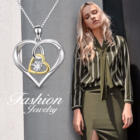 100% Fine 925 Sterling Silver Double Love Heart Luxury Pendants Necklaces Fashion Jewelry & Accesoories For Women PYX0381