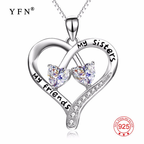 100% Fine 925 Sterling Silver Double Love Heart "My Sisters, My Friends" Pendants Necklaces Fashion Jewelry For Women PYX0094