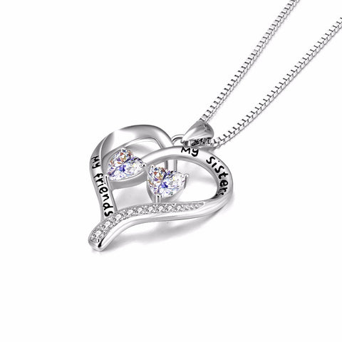 100% Fine 925 Sterling Silver Double Love Heart "My Sisters, My Friends" Pendants Necklaces Fashion Jewelry For Women PYX0094
