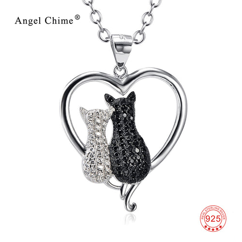 100% Real 925 Sterling Silver Heart Necklace White Black Cubic Zirconia Two Cat Necklaces Valentine's Gift For Women GNX8858