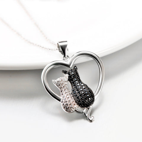 100% Real 925 Sterling Silver Heart Necklace White Black Cubic Zirconia Two Cat Necklaces Valentine's Gift For Women GNX8858