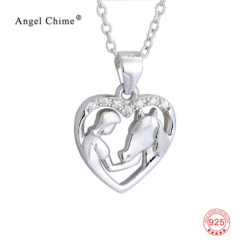100% Real Pure 925 Sterling Silver Crystal Heart Pendants Necklaces Girl and Horse Jewelry Valentine's Gifts For Women