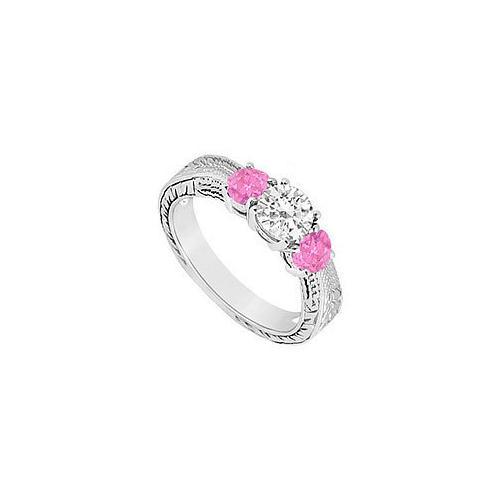 10K White Gold Created Pink Sapphire and Cubic Zirconia Three Stone Ring 0.50 CT TGW-JewelryKorner-com