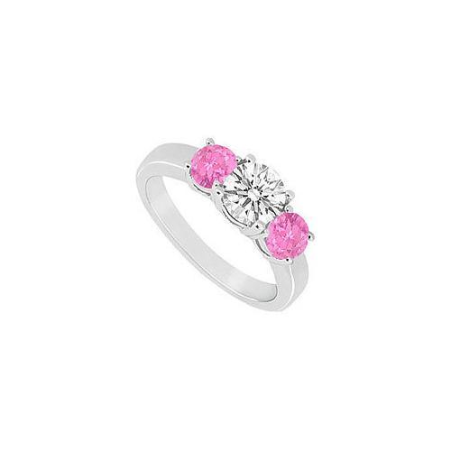 10K White Gold Created Pink Sapphire and Cubic Zirconia Three Stone Ring 1.00 CT TGW-JewelryKorner-com