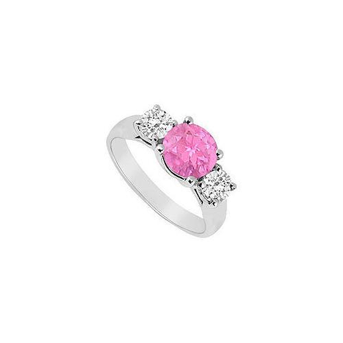 10K White Gold Created Pink Sapphire and Cubic Zirconia Three Stone Ring 1.25 CT TGW-JewelryKorner-com