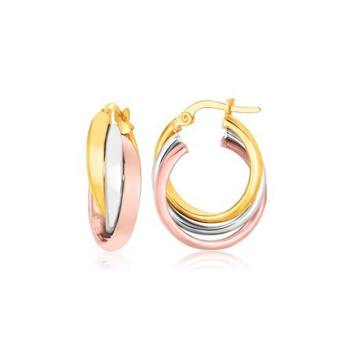 14K Tri-Color Gold Domed Tube Intertwined Earrings-JewelryKorner-com
