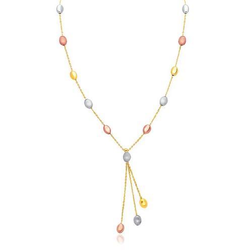 14K Tri-Color Gold Pebble Station Necklace with Triple Drop, size 17''-JewelryKorner-com