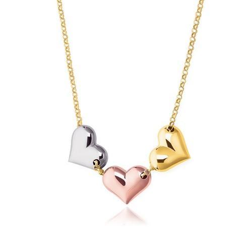 14K Tri-Color Gold Triple Heart Necklace, size 17''-JewelryKorner-com