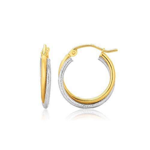 14K Two Tone Gold Double Polished and Textured Hoop Earrings-JewelryKorner-com