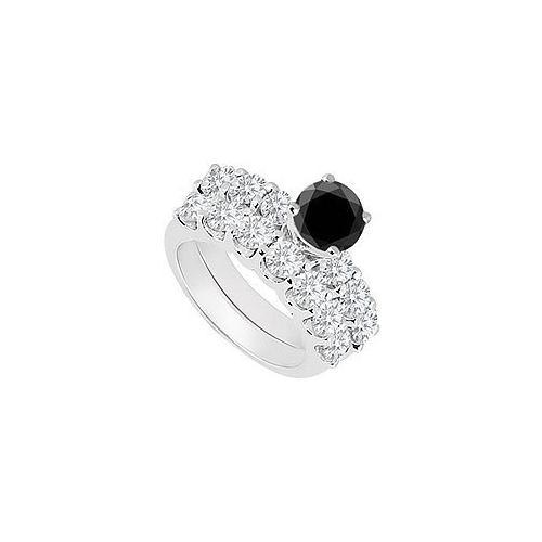 14K White Gold : Black and White Diamond Engagement Ring with Wedding Band Set 1.15 CT TDW-JewelryKorner-com