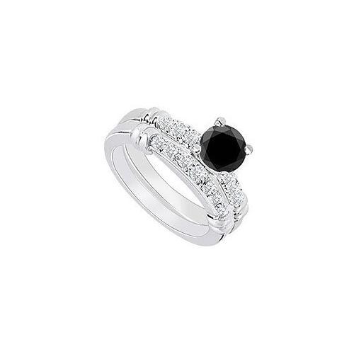 14K White Gold : Black Diamond Engagement Ring with Wedding Band Set 0.75 CT TDW-JewelryKorner-com