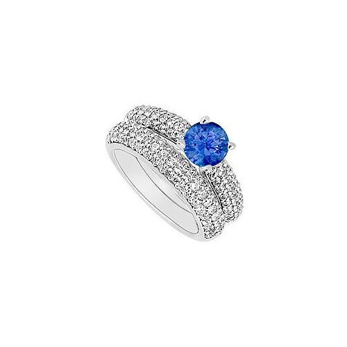 14K White Gold : Blue Sapphire and Diamond Engagement Ring with Wedding Band Set 1.80 CT TGW-JewelryKorner-com
