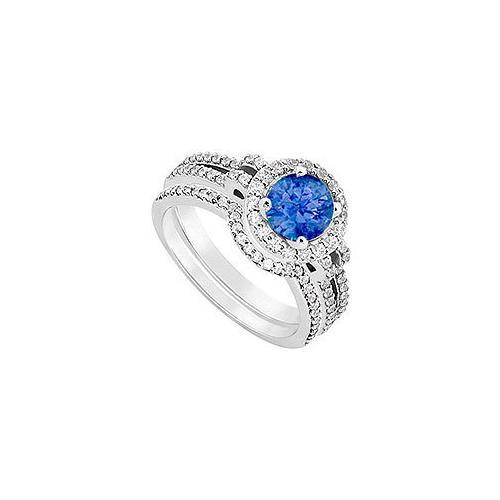 14K White Gold Blue Sapphire & Diamond Engagement Ring with Wedding Band Sets 1.15 CT TGW-JewelryKorner-com