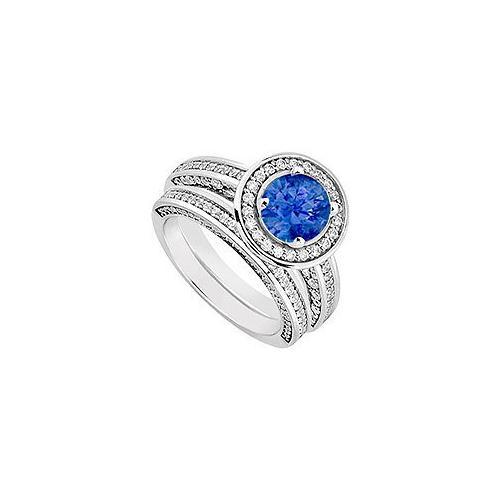 14K White Gold Blue Sapphire & Diamond Engagement Ring with Wedding Band Sets 1.55 CT TGW-JewelryKorner-com