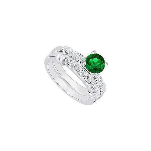 14K White Gold : Emerald and Diamond Engagement Ring with Wedding Band Set 0.75 CT TGW-JewelryKorner-com