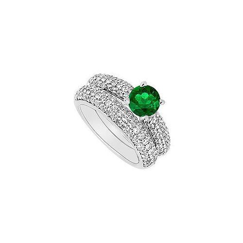 14K White Gold : Emerald and Diamond Engagement Ring with Wedding Band Set 1.80 CT TGW-JewelryKorner-com