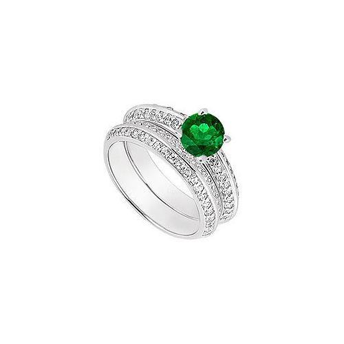 14K White Gold Emerald & Diamond Engagement Ring with Wedding Band Sets 1.00 CT TGW-JewelryKorner-com