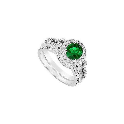 14K White Gold Emerald & Diamond Engagement Ring with Wedding Band Sets 1.15 CT TGW-JewelryKorner-com