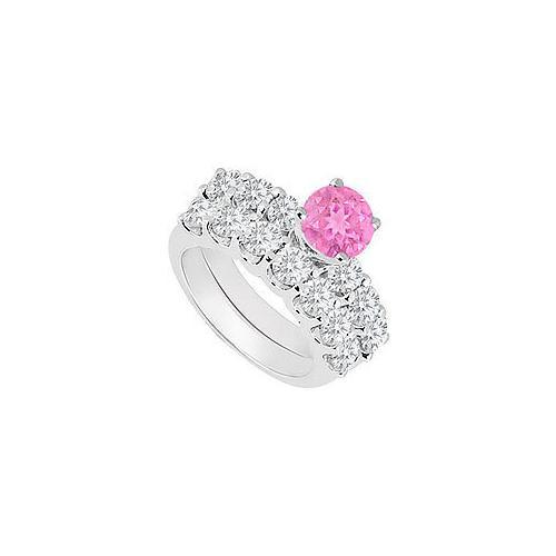 14K White Gold : Pink Sapphire and Diamond Engagement Ring with Wedding Band Set 1.15 CT TGW-JewelryKorner-com