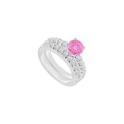 14K White Gold : Pink Sapphire and Diamond Engagement Ring with Wedding Band Set 1.50 CT TGW-JewelryKorner-com