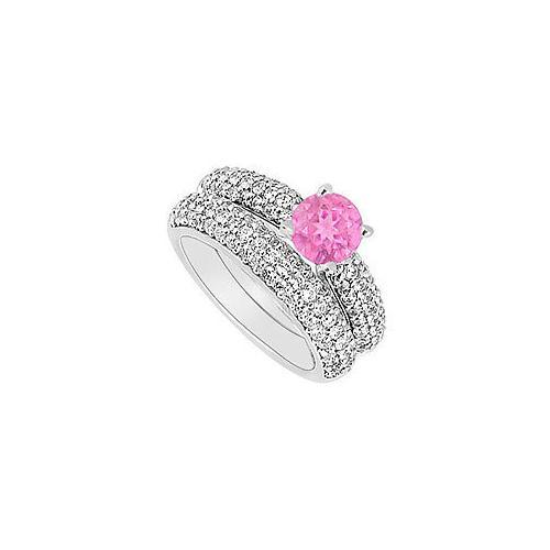 14K White Gold : Pink Sapphire and Diamond Engagement Ring with Wedding Band Set 1.80 CT TGW-JewelryKorner-com