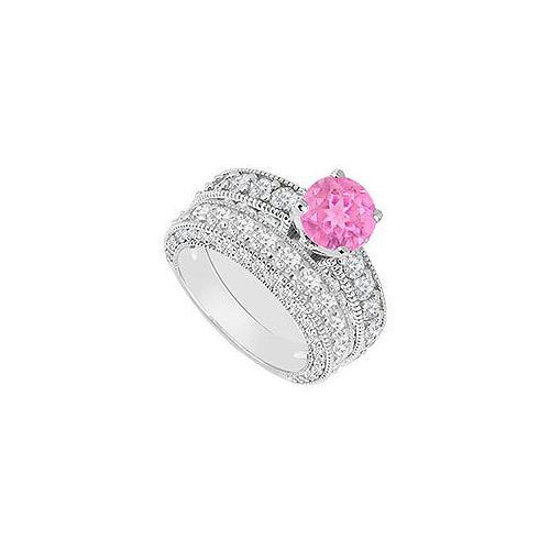 14K White Gold : Pink Sapphire and Diamond Engagement Ring with Wedding Band Set 3.50 CT TGW-JewelryKorner-com
