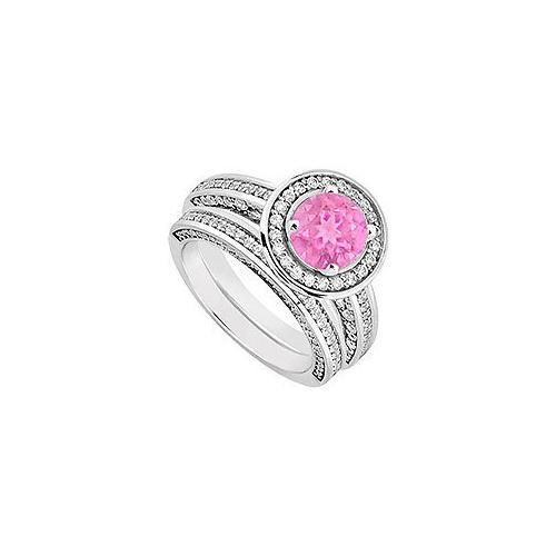 14K White Gold Pink Sapphire & Diamond Engagement Ring with Wedding Band Sets 1.55 CT TGW-JewelryKorner-com