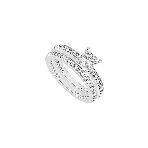 14K White Gold Princess Cut Diamond Engagement Ring with Wedding Band Sets 1.00 CT TDW-JewelryKorner-com