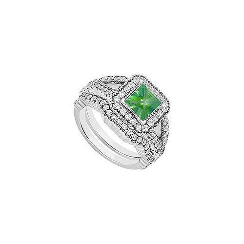 14K White Gold Princess Cut Emerald & Diamond Engagement Ring with Wedding Band Sets 1.00 CT TGW-JewelryKorner-com