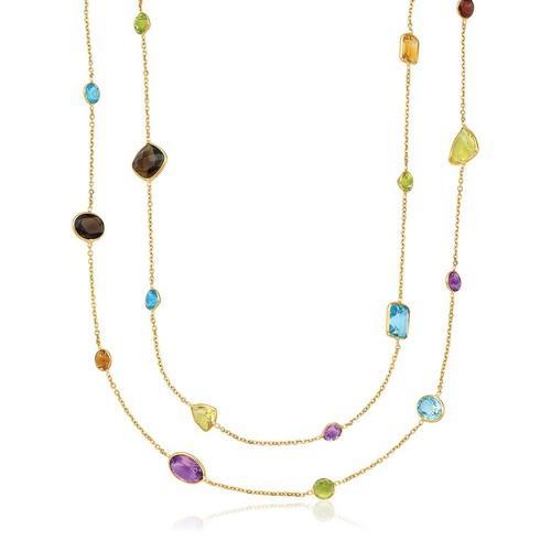 14K Yellow Gold Double Layer Multi Gem Necklace, size 30''-JewelryKorner-com