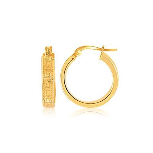 14K Yellow Gold Greek Key Small Hoop Earrings-JewelryKorner-com