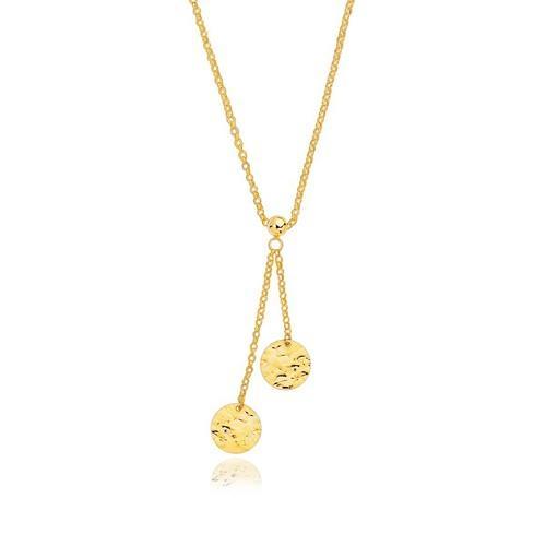 14K Yellow Gold Hammered Disc Lariat 17'' Necklace, size 17''-JewelryKorner-com