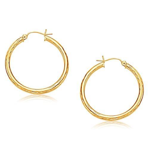 14K Yellow Gold Hoop Earring with Diamond-Cut Finish (30 mm Diameter)-JewelryKorner-com