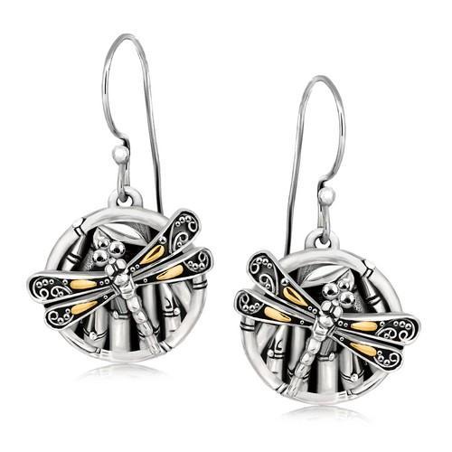 18K Yellow Gold and Sterling Silver Branch and Dragonfly Design Earrings-JewelryKorner-com