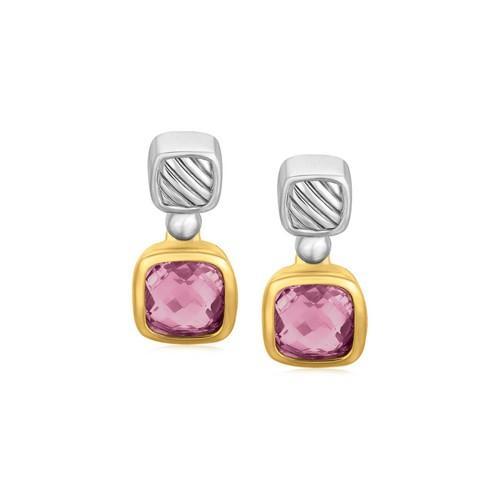 18K Yellow Gold and Sterling Silver Cushion Amethyst Accented Drop Earrings-JewelryKorner-com