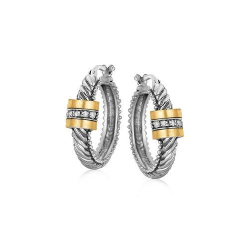 18K Yellow Gold and Sterling Silver Diamond Italian Cable Style Hoop Earrings-JewelryKorner-com