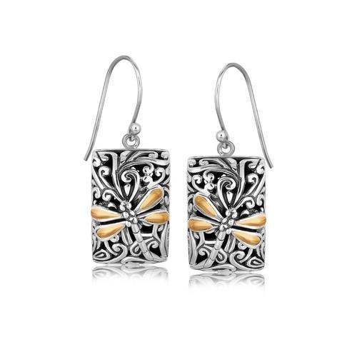 18K Yellow Gold and Sterling Silver Dragonfly Designed Rectangular Drop Earrings-JewelryKorner-com