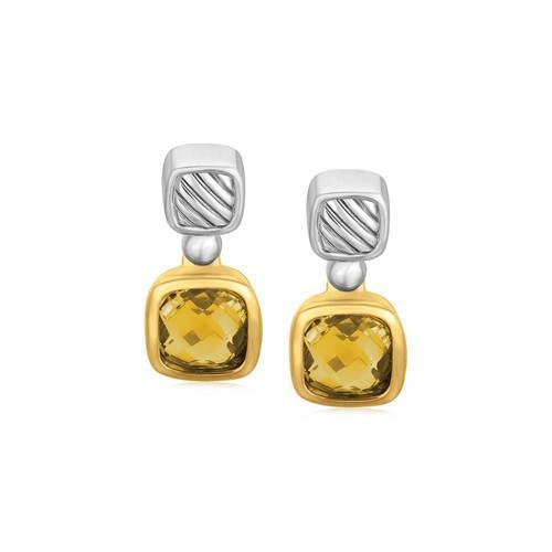18K Yellow Gold and Sterling Silver Earrings with Bezel Set Cushion Cut Citrines-JewelryKorner-com