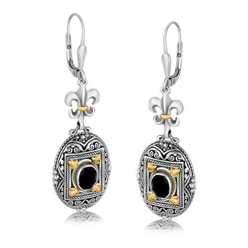 18K Yellow Gold and Sterling Silver Earrings with Framed Black Onyx Accents-JewelryKorner-com