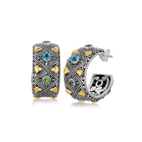 18K Yellow Gold and Sterling Silver Half Hoop Earrings-JewelryKorner-com