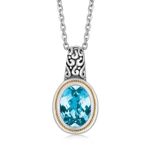 18K Yellow Gold and Sterling Silver Necklace with Blue Topaz Milgrained Pendant, size 18''-JewelryKorner-com