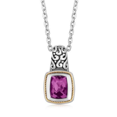 18K Yellow Gold and Sterling Silver Necklace with Milgrained Amethyst Pendant, size 18''-JewelryKorner-com