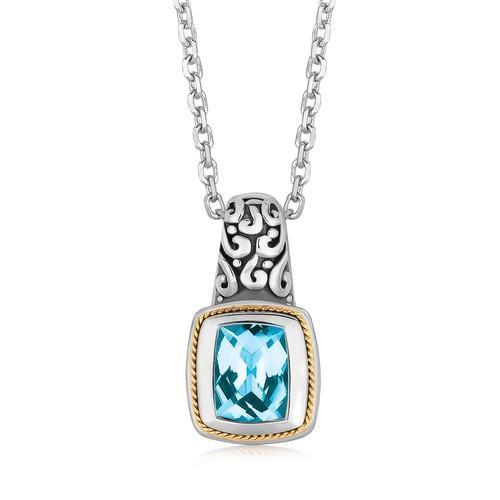 18K Yellow Gold and Sterling Silver Necklace with Milgrained Blue Topaz Pendant, size 18''-JewelryKorner-com
