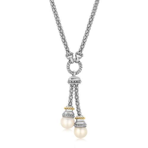 18K Yellow Gold and Sterling Silver Popcorn Style Necklace with Pearl Accents, size 17''-JewelryKorner-com