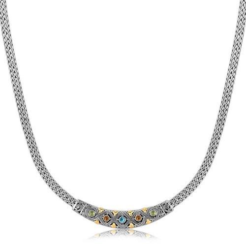 18K Yellow Gold and Sterling Silver Wheat Chain Necklace with Multi Gem Accents, size 18''-JewelryKorner-com