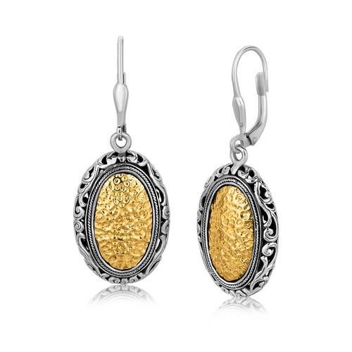 18K Yellow Gold and Sterling Vintage Style Oval Hammered Earrings-JewelryKorner-com