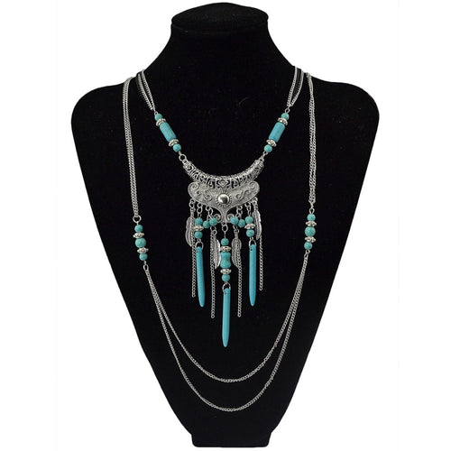 2018 New Fashion Boho Multilayer Silver Fringe Chain Necklace Vintage Rivet Beads Tassel Pendant Necklace Ethnic Women Jewelry